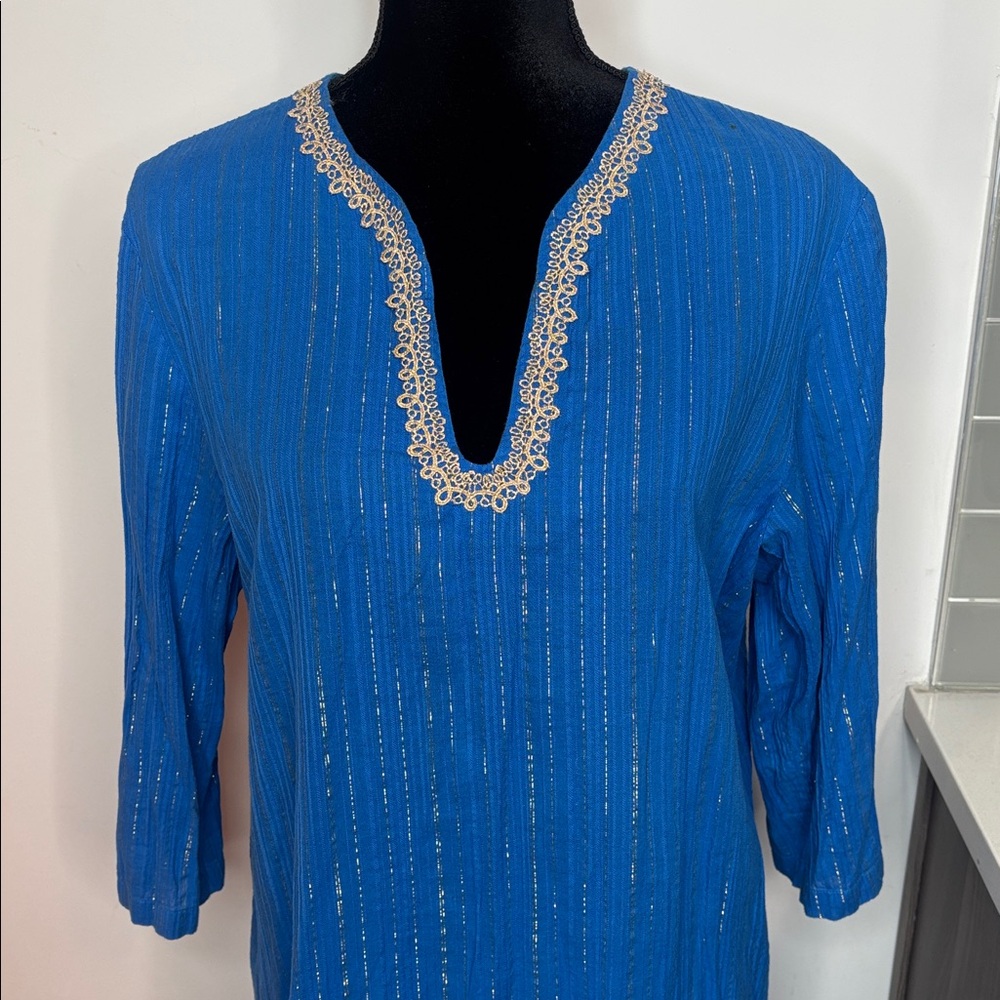 #459 (Lilly Pulitzer) “Esme” Lurex Crinkle Crepe Tunic Dress in Blue & Gold - XL - Picture 3 of 14